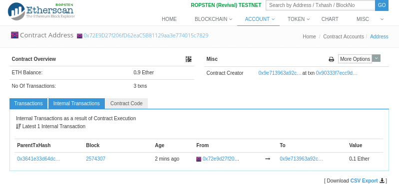 Etherscan montre la transaction interne transférant l’ether hors du contrat