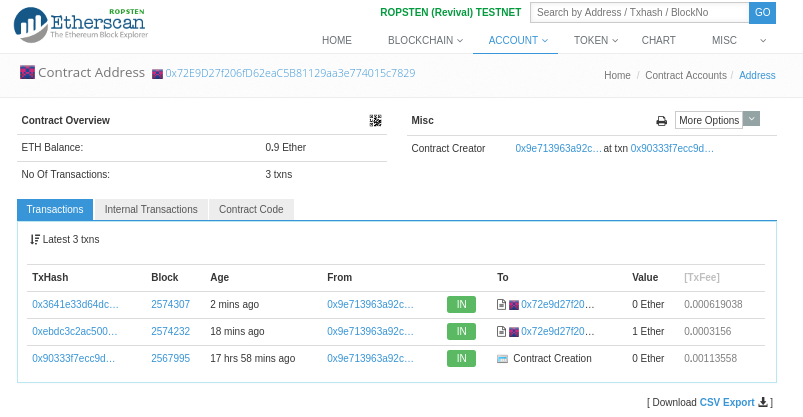 Etherscan affiche la transaction appelant la fonction de retrait