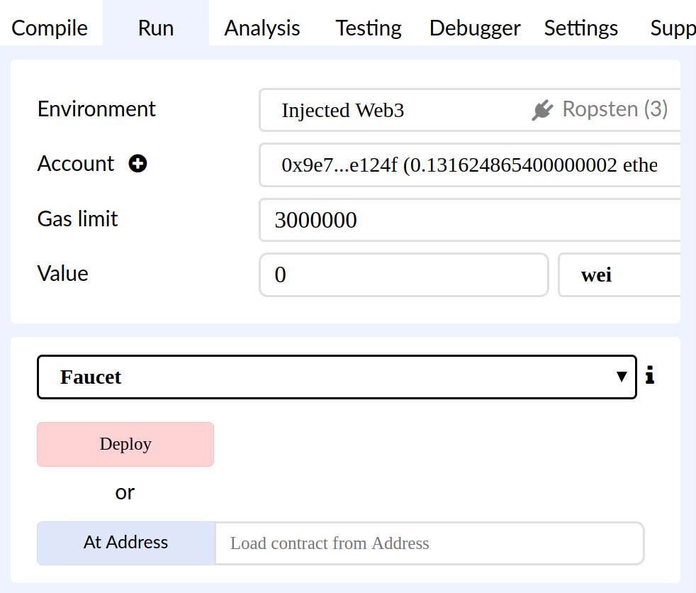 Onglet Run du IDE Remix, avec l’environnement Injected Web3 sélectionné