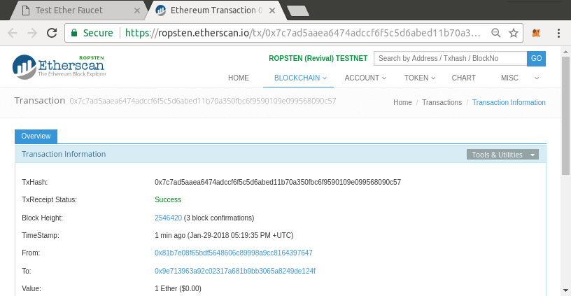 Explorateur de blocs Ropsten sur Etherscan